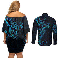 Black Blue Polynesian Tribal Couples Matching Off Shoulder Short Dress and Long Sleeve Button Shirt - Polynesian Pride