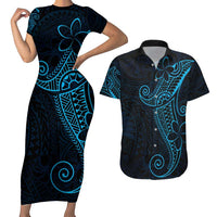 Black Blue Polynesian Tribal Couples Matching Short Sleeve Bodycon Dress and Hawaiian Shirt - Polynesian Pride