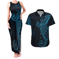 Black Blue Polynesian Tribal Couples Matching Tank Maxi Dress and Hawaiian Shirt - Polynesian Pride