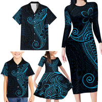Black Blue Polynesian Tribal Family Matching Long Sleeve Bodycon Dress and Hawaiian Shirt - Polynesian Pride