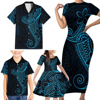 Black Blue Polynesian Tribal Family Matching Short Sleeve Bodycon Dress and Hawaiian Shirt - Polynesian Pride