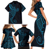 Black Blue Polynesian Tribal Family Matching Short Sleeve Bodycon Dress and Hawaiian Shirt - Polynesian Pride