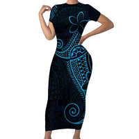 Black Blue Polynesian Tribal Family Matching Short Sleeve Bodycon Dress and Hawaiian Shirt - Polynesian Pride