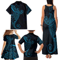 Black Blue Polynesian Tribal Family Matching Tank Maxi Dress and Hawaiian Shirt - Polynesian Pride