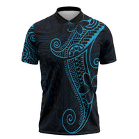 Black Blue Polynesian Tribal Zipper Polo Shirt - Polynesian Pride
