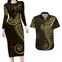 Black Gold Polynesian Tribal Couples Matching Long Sleeve Bodycon Dress and Hawaiian Shirt - Polynesian Pride