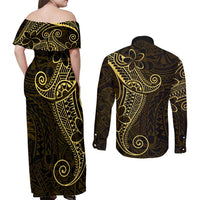 Black Gold Polynesian Tribal Couples Matching Off Shoulder Maxi Dress and Long Sleeve Button Shirt LT9 - Polynesian Pride