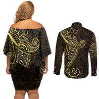 Black Gold Polynesian Tribal Couples Matching Off Shoulder Short Dress and Long Sleeve Button Shirt LT9 - Polynesian Pride