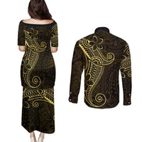 Black Gold Polynesian Tribal Couples Matching Puletasi and Long Sleeve Button Shirt - Polynesian Pride