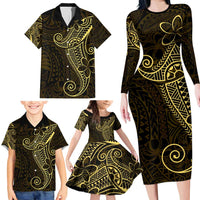 Black Gold Polynesian Tribal Family Matching Long Sleeve Bodycon Dress and Hawaiian Shirt - Polynesian Pride