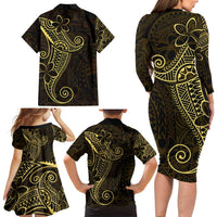 Black Gold Polynesian Tribal Family Matching Long Sleeve Bodycon Dress and Hawaiian Shirt - Polynesian Pride