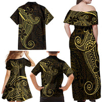 Black Gold Polynesian Tribal Family Matching Off Shoulder Maxi Dress and Hawaiian Shirt - Polynesian Pride