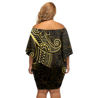 Black Gold Polynesian Tribal Family Matching Off Shoulder Short Dress and Hawaiian Shirt - Polynesian Pride