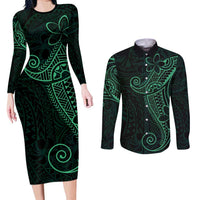 Black Green Polynesian Tribal Couples Matching Long Sleeve Bodycon Dress and Long Sleeve Button Shirt - Polynesian Pride