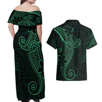 Black Green Polynesian Tribal Couples Matching Off Shoulder Maxi Dress and Hawaiian Shirt - Polynesian Pride