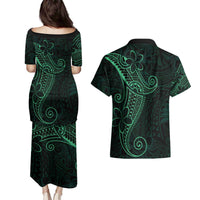 Black Green Polynesian Tribal Couples Matching Puletasi and Hawaiian Shirt - Polynesian Pride