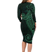 Black Green Polynesian Tribal Family Matching Long Sleeve Bodycon Dress and Hawaiian Shirt - Polynesian Pride