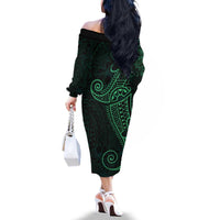 Black Green Polynesian Tribal Family Matching Off The Shoulder Long Sleeve Dress and Hawaiian Shirt - Polynesian Pride