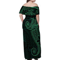 Black Green Polynesian Tribal Family Matching Off Shoulder Maxi Dress and Hawaiian Shirt - Polynesian Pride