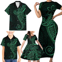 Black Green Polynesian Tribal Family Matching Short Sleeve Bodycon Dress and Hawaiian Shirt - Polynesian Pride