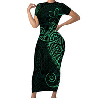 Black Green Polynesian Tribal Family Matching Short Sleeve Bodycon Dress and Hawaiian Shirt - Polynesian Pride