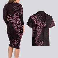 Black Pink Polynesian Tribal Couples Matching Long Sleeve Bodycon Dress and Hawaiian Shirt - Polynesian Pride