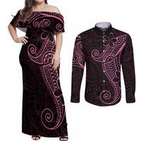 Black Pink Polynesian Tribal Couples Matching Off Shoulder Maxi Dress and Long Sleeve Button Shirt LT9 Pink - Polynesian Pride