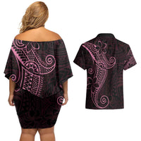 Black Pink Polynesian Tribal Couples Matching Off Shoulder Short Dress and Hawaiian Shirt - Polynesian Pride