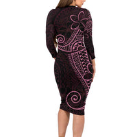 Black Pink Polynesian Tribal Family Matching Long Sleeve Bodycon Dress and Hawaiian Shirt - Polynesian Pride