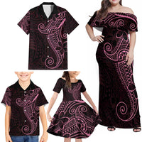 Black Pink Polynesian Tribal Family Matching Off Shoulder Maxi Dress and Hawaiian Shirt - Polynesian Pride