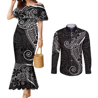 Black White Polynesian Tribal Couples Matching Mermaid Dress and Long Sleeve Button Shirt - Polynesian Pride