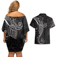 Black White Polynesian Tribal Couples Matching Off Shoulder Short Dress and Hawaiian Shirt - Polynesian Pride