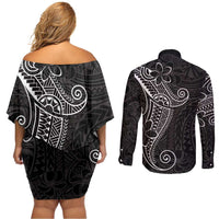 Black White Polynesian Tribal Couples Matching Off Shoulder Short Dress and Long Sleeve Button Shirt - Polynesian Pride