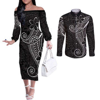 Black White Polynesian Tribal Couples Matching Off The Shoulder Long Sleeve Dress and Long Sleeve Button Shirt - Polynesian Pride