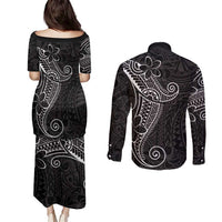 Black White Polynesian Tribal Couples Matching Puletasi and Long Sleeve Button Shirt - Polynesian Pride
