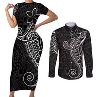 Black White Polynesian Tribal Couples Matching Short Sleeve Bodycon Dress and Long Sleeve Button Shirt - Polynesian Pride