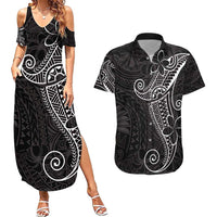 Black White Polynesian Tribal Couples Matching Summer Maxi Dress and Hawaiian Shirt - Polynesian Pride