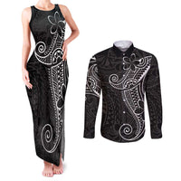Black White Polynesian Tribal Couples Matching Tank Maxi Dress and Long Sleeve Button Shirt - Polynesian Pride