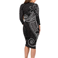 Black White Polynesian Tribal Family Matching Long Sleeve Bodycon Dress and Hawaiian Shirt - Polynesian Pride