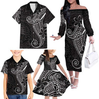 Black White Polynesian Tribal Family Matching Off The Shoulder Long Sleeve Dress and Hawaiian Shirt - Polynesian Pride