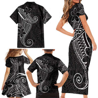 Black White Polynesian Tribal Family Matching Short Sleeve Bodycon Dress and Hawaiian Shirt - Polynesian Pride