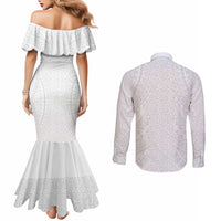 Lotu Tamaiti White Tongan Ngatu Couples Matching Mermaid Dress and Long Sleeve Button Shirt Polynesian Tribal Fonulei Pattern - Polynesian Pride
