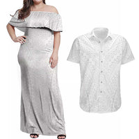 Lotu Tamaiti White Tongan Ngatu Couples Matching Off Shoulder Maxi Dress and Hawaiian Shirt Polynesian Tribal Fonulei Pattern - Polynesian Pride