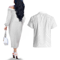 Lotu Tamaiti White Tongan Ngatu Couples Matching Off The Shoulder Long Sleeve Dress and Hawaiian Shirt Polynesian Tribal Fonulei Pattern - Polynesian Pride
