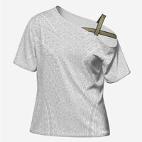 Lotu Tamaiti White Tongan Ngatu Cross Shoulder Shirt Polynesian Tribal Fonulei Pattern - Polynesian Pride