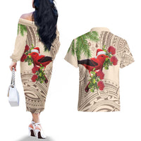 Christmas Hawaii with I'iwi Bird Couples Matching Off The Shoulder Long Sleeve Dress and Hawaiian Shirt Aloha Mele Kalikimaka - Beige Art