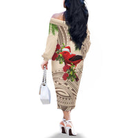 Christmas Hawaii with I'iwi Bird Family Matching Off The Shoulder Long Sleeve Dress and Hawaiian Shirt Aloha Mele Kalikimaka - Beige Art