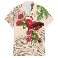 Christmas Hawaii with I'iwi Bird Family Matching Off Shoulder Short Dress and Hawaiian Shirt Aloha Mele Kalikimaka - Beige Art