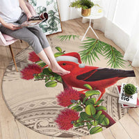 Christmas Hawaii with I'iwi Bird Round Carpet Aloha Mele Kalikimaka - Beige Art