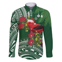 Christmas Hawaii with I'iwi Bird Family Matching Off The Shoulder Long Sleeve Dress and Hawaiian Shirt Aloha Mele Kalikimaka - Green Art